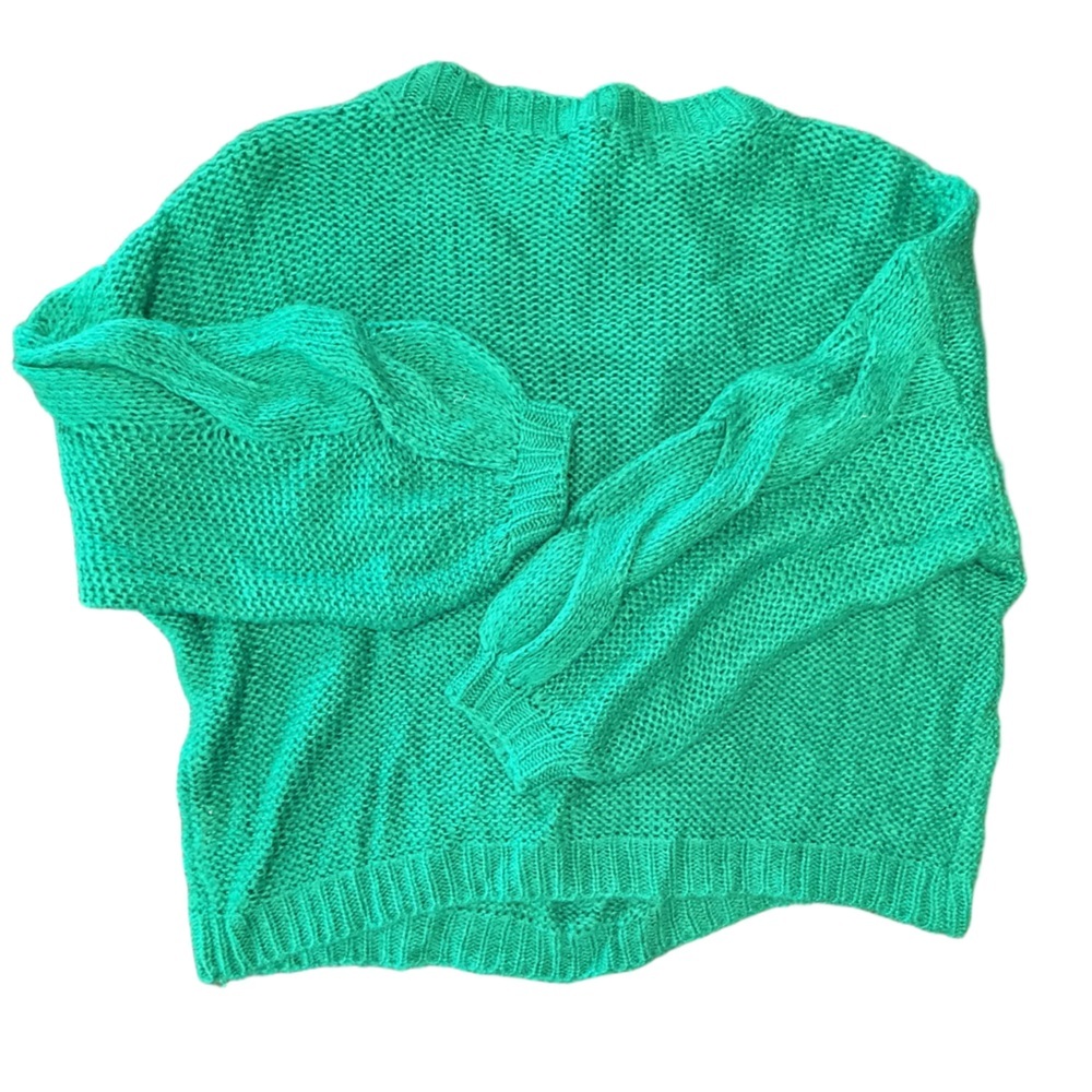 Cozy oversized off the shoulder cable knit sweater balloon sleeves green NWT S - Picture 5 of 9